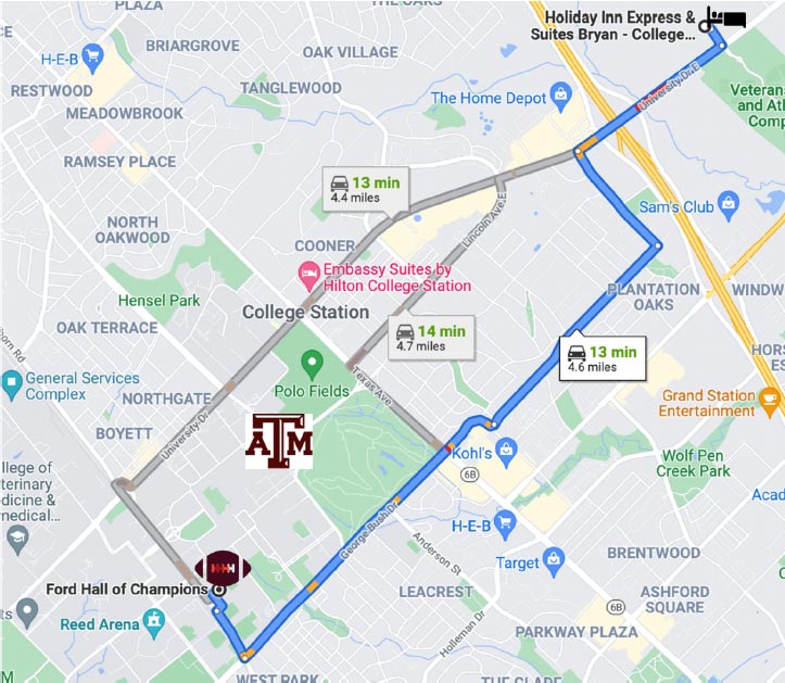 Route from Holiday Inn Express & Suites to TXSEF