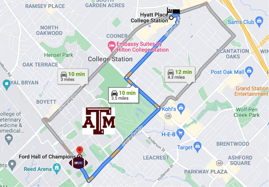 Route from Hyatt Place College Station to TXSEF